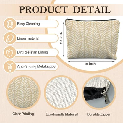Boho Beige Leaf Makeup Bag, Neutral Block Print Leaves Cosmetic Bags for Women, Minimalist Beige Botanical Zipper Makeup Pouch - color: Grass