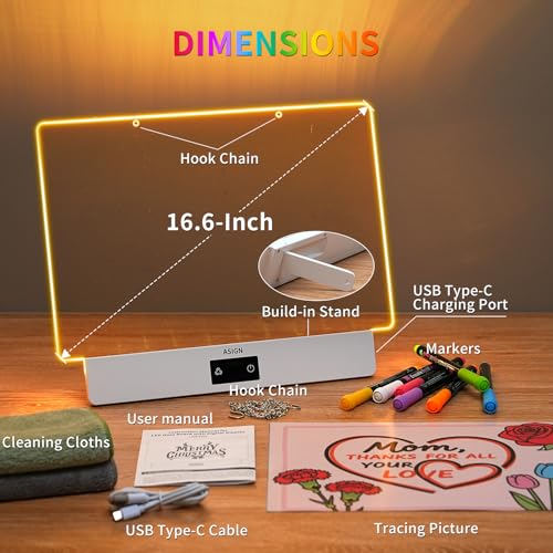 Rechargeable LED Drawing Board, 16.6 Inches Lumiboard, 8 Colors & 3 Modes, LED Note Board with Build in Stand, Includes 7 Markers & 1 Hanging Chain, Great Gift for Children-Easter Gifts