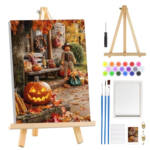 MOGTAA Fall Paint by Numbers Kit for Adults Beginners with Frame, Halloween Adult Paint by Number Kits on Canvas with Easel, Easy DIY Pumpkin Oil Painting Kits for Home Decor, 8x12in - color: Fall Pumpkin2