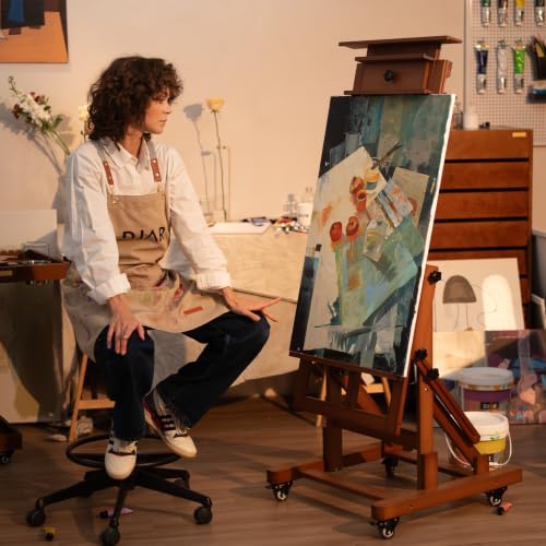 DJAR Extra Large H-Frame Studio Art Easel with Lockable Casters, Walnut | Movable Wooden Tilts Flat Heavy Duty Floor Stand, Solid Beech Wood Art Easel For Artists, Hold 1 or 2 Canvas up to 79"