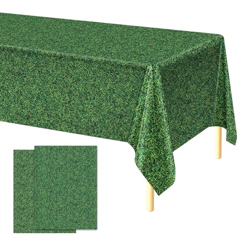 Kochorie 2 Pieces Green Grass Field Plastic Tablecloth 54 x 108 Inches Disposable Grass Print Table Covers for Sports Theme Game Day Birthday Parties Decorations - style: Green Grass
