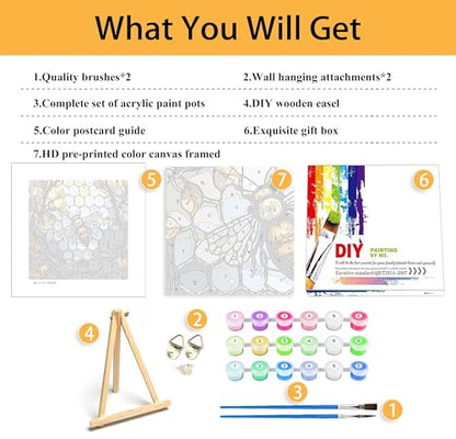 Mowana Paint by Numbers Kit for Adults Framed Canvas - with Wooden Easel, Adults' Paint-by-Number Kits Bee DIY Acrylic Oil Painting Kits Arts Crafts 7.8x7.8inch - color: Stained Glass Bee
