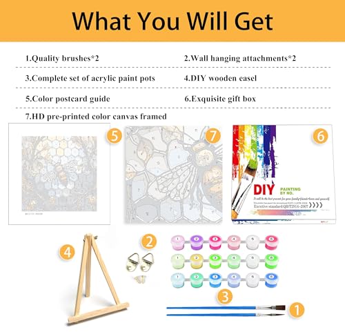 Mowana Paint by Numbers Kit for Adults Framed Canvas - with Wooden Easel, Adults' Paint-by-Number Kits Bee DIY Acrylic Oil Painting Kits Arts Crafts 7.8x7.8inch - color: Stained Glass Bee