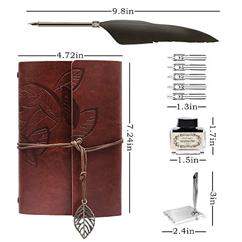 GCCL Quill Pen and Ink Set, Antique Feather Dip Calligraphy Pen Set, including Feather Pen, 5 Replacement Nibs, Pen Nib Base, Notebook, Ink, Gift Box, Best Gifts for Men Dad (Grey) - color: Grey