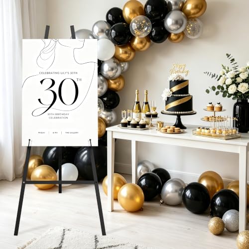 47" Black Easel Stand for Sign, Large Heavy Duty Metal Display, 4-Tier | Sturdy Art Easel with Adjustable Chain & Non-Slip Feet for Wedding, Painting, Party, Posters, Commercial, Foldable - color: Black