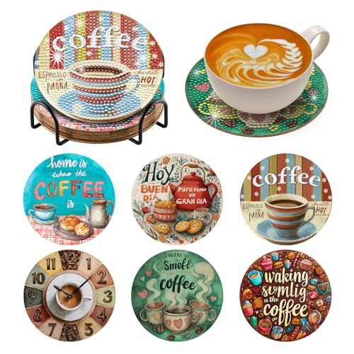 Zynlio Coffee Diamond Paintings Coasters Kits Set with Holder,Diamond Art, DIY Diamond Crafts Coasters for Adults, Diamond Art Painting Kits for Women, Beginners, Diamond Craft Supplies - color: coffee
