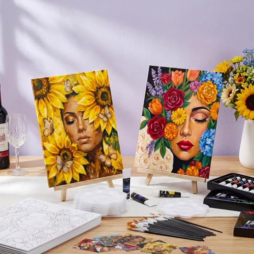Cholemy 36 Pcs Paint and Sip Kit Gift for Adults 8''x10'',Floral Lady | Pre Drawn Canvas, Painting DIY Afro Acrylic Painting Kit, Wood Easel Brushes, Date Night Bulk, Summer Halloween Party - style: Floral Lady