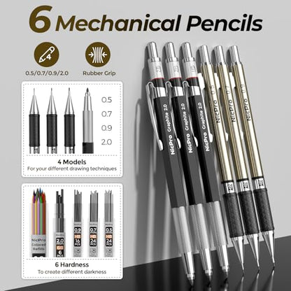 Nicpro 58PCS Art Drawing Supplies Kit, Leather Case, Art Supplies for Adult | Sketching Kit with 12 Micron Pen, 6 Art Mechanical Pencil Set 0.5-2mm, 100 Sheets Sketch Book, Best Gift for Artist Teen