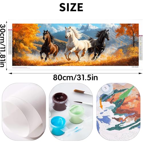 Bimkole Horse Paint by Number for Adults, DIY Oil Painting Kit Animals on Canvas with Paintbrushes and Acrylic Pigment, for Paint by Numbers for Beginner, for Home Wall Decor 31.5x11.81 Inch - color: 001-Three Horses