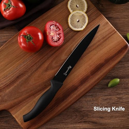 ROMANTICIST Knife Set, 10 Pieces Knife Block Set - Stainless Steel Kitchen Knives with Sharpener and Cheese Knife, Non-Slip Ergonomic Handles, Exquisite Knives Set - Stylish Black - color: Silver round knife block