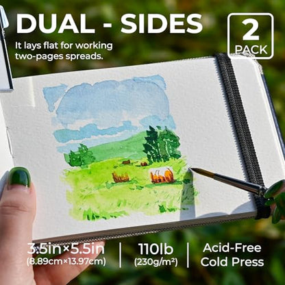 Funto Watercolor Journal, 3.5x5.5, 2 Pack, 24 Sheets Each, Cold-Pressed with Inner Pocket, 110lb/230gsm, Suitable for Techniques and Mixed Media - color: Gray-3.5x 5.5