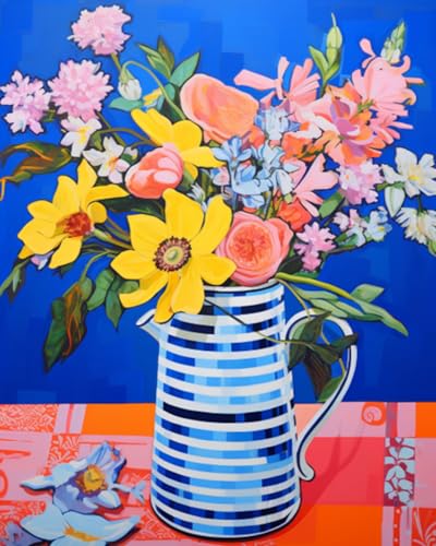 Tucocoo Blue White Jug Paint by Bumbers for Adults Graffiti Purple Background Colorful Flowers DIY Paint by Numbers Acrylic Paint Canvas Women Painting Kits Art 16x20 Inch（DIY Frame） - color: Floral Vase 04, size: 16''x20''(DIY Frame)