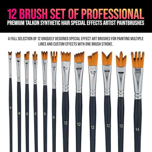 U.S. Art Supply 12 Piece Special Effects Artist Paint Brush Set - Professional Taklon Synthetic FX Brushes, Ribbon, Muti-Liner, Angular - Create Grass, Hair, Fur - Watercolor, Acrylic, Gouache, Oil