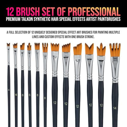 U.S. Art Supply 12 Piece Special Effects Artist Paint Brush Set - Professional Taklon Synthetic FX Brushes, Ribbon, Muti-Liner, Angular - Create Grass, Hair, Fur - Watercolor, Acrylic, Gouache, Oil