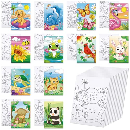 Anseal 12 Packs Pre Drawn Canvas to Paint, 5" X 7" Pre Printed Canvas for Painting, Pre Stretched Canvas Outline Painting Boards for Beginners, Students, Party Favor (Animal) - color: Animal