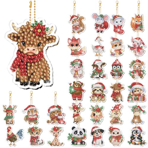WILLBOND 30 Pcs Christmas Animals Diamond Art Keychain Ornaments Kits | Christmas Diamond Art, DIY Christmas Animals Diamond Painting Keychain, Double Sided Adults Key Ring Art Pendant Tree Decor - color: Christmas Animal