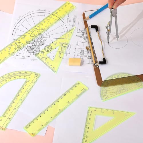 Zonon 7‑Piece Geometry Set with Drawing Compass, 6 & 4 Inch Protractors, Triangle Rulers and Straight Rulers, Transparent Math Drafting Supplies for Back to School, Students and Office Use(Yellow) - color: Yellow