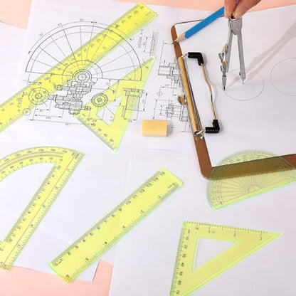 Zonon 7‑Piece Geometry Set with Drawing Compass, 6 & 4 Inch Protractors, Triangle Rulers and Straight Rulers, Transparent Math Drafting Supplies for Back to School, Students and Office Use(Yellow) - color: Yellow