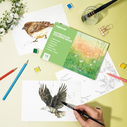 Lightwish Watercolor Coloring Book for Adults & Beginners,100% Cotton 300gsm/140lb Acid-Free Cold Press Paper, 8.3 x 5.6 Inches,15 Sheets,Bird-Themed - color: Bird-Themed