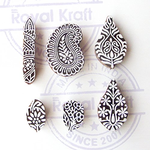Decorative Leaf and Paisley Pattern Wood Block Print Stamps (Set of 6) - color: Htag0415