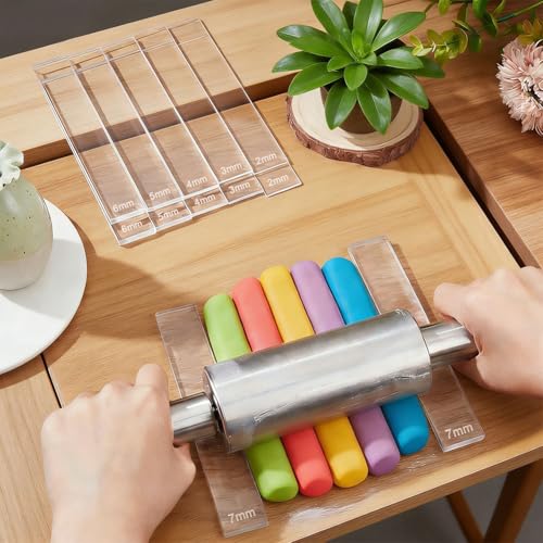 12Pcs 6 Size Acrylic Polymer Clay Depth Guide Set, 2,3,4,5,6,7mm Adjustable Clay Rolling Pin Guide, Roller Depth Guides Pottery Tools for Polymer Thickness (Color:Clear)