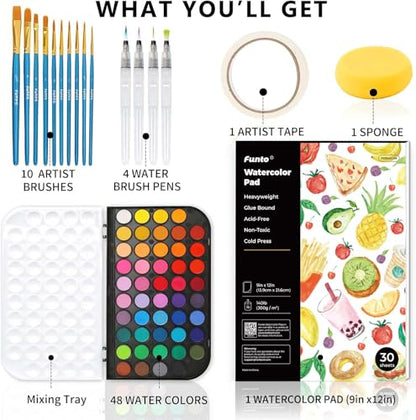 Funto Watercolor Set, 48 Color Paint Set, 10 Brushes, 30 Page Pad(9"x12"), 4 Refillable Pens & More, Painting Kit for Kids, Adults, Beginners - style: 48 Kids Set