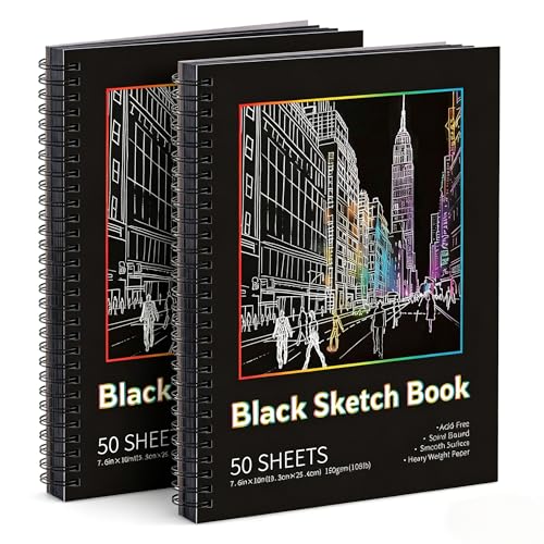 Black Paper Sketchbook 2 Pack, 7.6 × 10 in, 50 Sheets, Spiral Bound | 160gsm Acid-Free Black Paper, Mixed Media for Pencils, Chalk, Metallic Markers, Easy-Tear Pages, Lays Flat - size: 7.6×10 Inch (2 Pack )