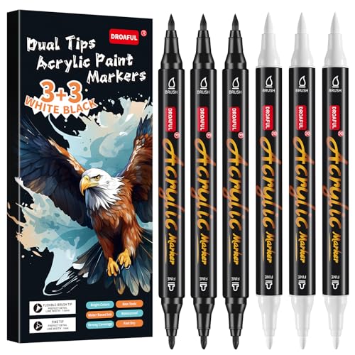 White Black Acrylic Paint Pens Markers, 6 Pc Dual Tips Paint Markers | Rock Painting, Fabric, Metal, Glass, Wood, Canvas, Ceramic, Pumpkins, Eggs, Plastic, Non-Toxic & Odor - color: 3 Black3 White