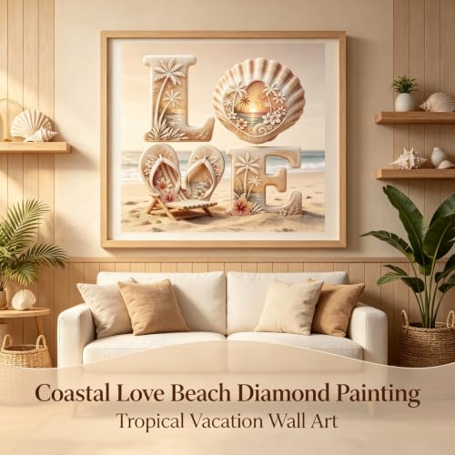 Beach LOVE Diamond Painting Kit for Adults,Coastal Sunset Diamond Art Kits | DIY Full Round Drill Gem Painting Seaside Scenery Paint by Diamonds Relaxing Craft for Home Wall Decor 13.7x13.7In - color: KM1291-1