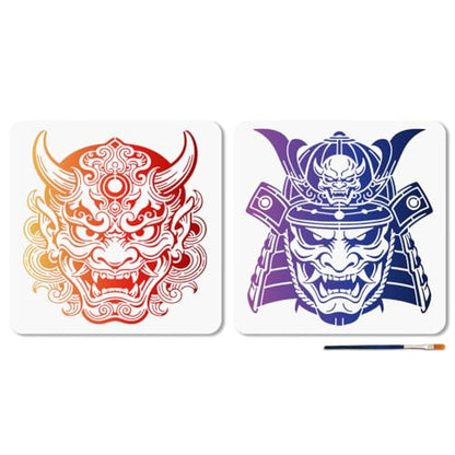 MAYJOYDIY 2 Styles Swordsman Stencils Reusable Drawing Template with Paint Brush Japanese Style Samurai 11.8×11.8" for Home Decoration Wood Wall Canvas Furniture - style: Swordsman