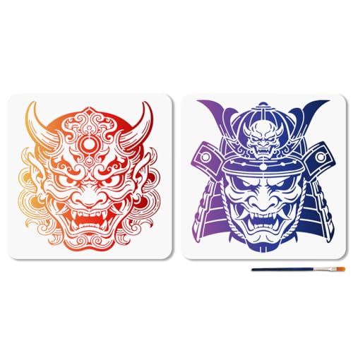 MAYJOYDIY 2 Styles Swordsman Stencils Reusable Drawing Template with Paint Brush Japanese Style Samurai 11.8×11.8" for Home Decoration Wood Wall Canvas Furniture - style: Swordsman