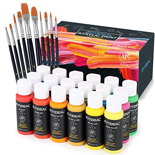 GOTIDEAL Acrylic Paint Set with 10 Brushes, 18 Colors (59ml, 2 oz) - color: 18 Colors