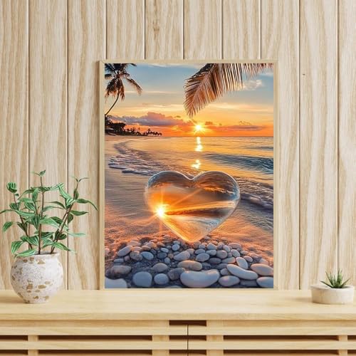 Xylogist Sunset Beach Diamond Art Kits for Adults 12 x 16 Inch | Sunset Beach Diamond Painting Kits, Love Diamonds Art Painting kit, 5D Round Full Diamonds Gem Art Kit for Home Decor Gift - color: 1 Pack Beach Heart, size: 11.8 x 15.7 in
