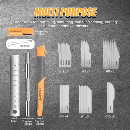 MulWark 32-Piece Precision Hobby Knife Set - Exacto Knife Set For Modeling - Craft Knife Handle Customized With Chiseling, Stencil Edge And Fine Point Blades With Sharpening Stone And Steel Ruler - style: 32 PCs of Precision Knife Set