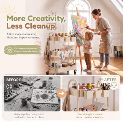 Beige 3 Tier Rolling Cart Metal on Wheels, Three Tiered Storage Organizer Utility Trolley with Wheels for Art, Craft, Baby Diaper Caddy, Snack, Book, Nail, Lash, Cleaning Supplies, Kitchen, Bathroom - color: Light Beige