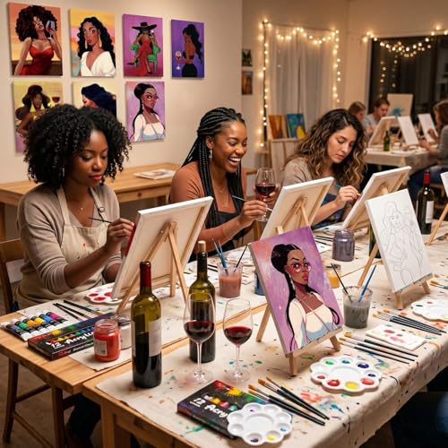 Ctosree 72 Pcs Fashion Women Paint and Sip Kit for Adults 8'' x 10'' Pre Drawn Canvas for Painting DIY Pre Printed Canvas for Party Favor Acrylic Painting Kit Wood Easel Brushes Date Night Bulk - style: Fashion Women