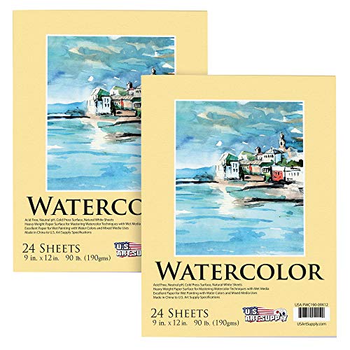 U.S. Art Supply 9" x 12" Premium Heavyweight Watercolor Paper Pad, 2-Pack
