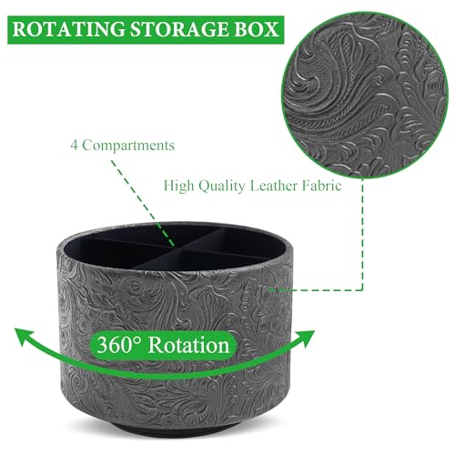 Round Leather Art Supply Organizer,Remote Control Holder,360 Degree Spinning,Multi-Functional Pencil Holder,4 Compartments Desktop Stationary Organizer(1-Carved Black) - color: 1-Carved Black