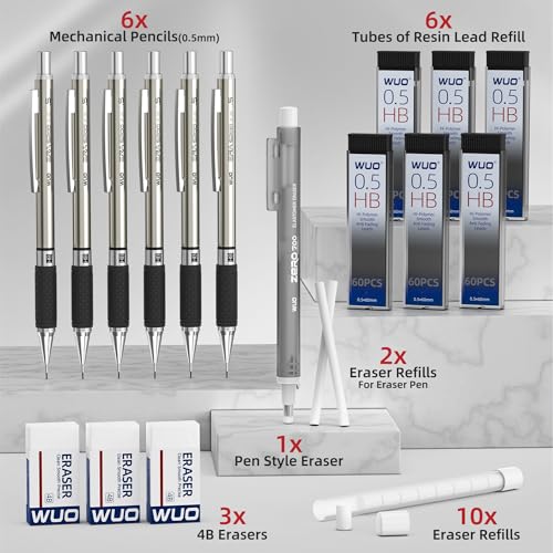 WUO 0.5 mm Mechanical Pencil Set with Eraser Pen Storage Case, 6 PCS | Metal Drafting Pencils, 360 HB Lead Refills, 3x4B Erasers, 12 Eraser Refills for School Artist Writing Drawing Sketching - color: Black 4 - 0.5mm (6 Pack)