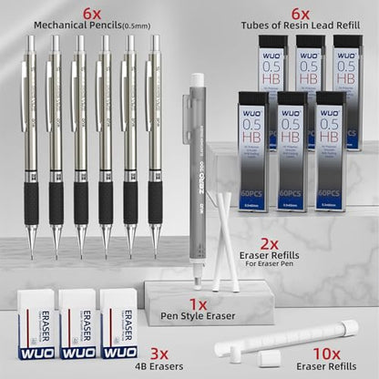 WUO 0.5 mm Mechanical Pencil Set with Eraser Pen Storage Case, 6 PCS | Metal Drafting Pencils, 360 HB Lead Refills, 3x4B Erasers, 12 Eraser Refills for School Artist Writing Drawing Sketching - color: Black 4 - 0.5mm (6 Pack)
