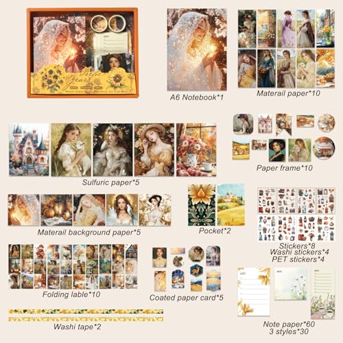 Scrapbooking Supplies Kit, Vintage People Aesthetic Scrapbook Kit, Junk Journal Supplies with Scrapbook Paper, Scrapbook Stickers, A6 Grid Notebook, Stationery, Journaling Supplies for DIY Art Craft - color: Old Dreams Come Back