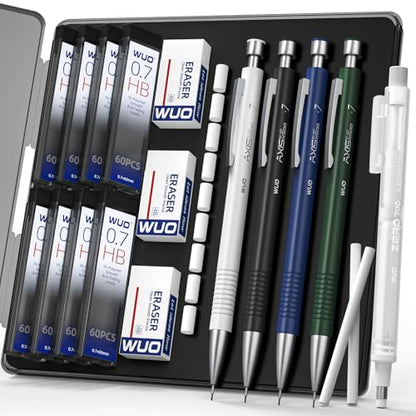 WUO 0.7 mm Mechanical Pencils with Eraser Pen Storage Case, 4 PCS | Metal Drafting Pencil Set, 480 HB Lead Refills, 3x4B Erasers, 11 Eraser Refills for Artist Writing Drawing Sketching - color: Multicolor2 - 0.7mm (4 Pack)