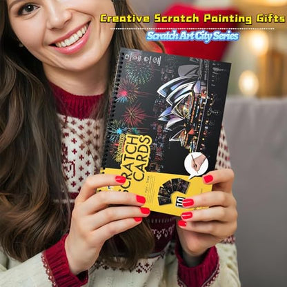 DESINIK Scratch Art Book for Adults and Teens-Rainbow Scratch Painting Art Kit, DIY Craft Kit with 1 Rainbow Scratch Art Book and 4 Tools, Landmark City Series - color: Landmark City Series