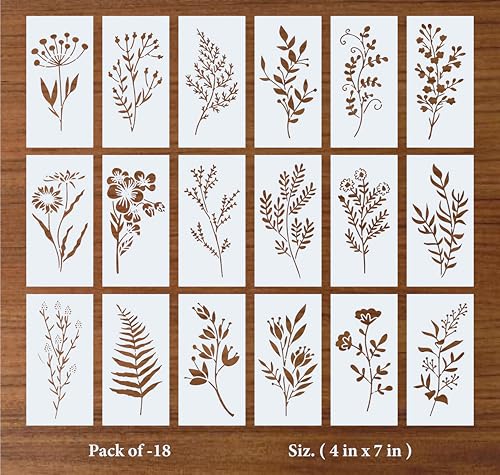 Floral Stencil Set of 18, 4x7 Inch Reusable Mylar Stencils for Painting, Botanical Leaf & Flower Stencils for Walls, Fabric, Wood, Canvas, Furniture, DIY Crafts & Home Decor, White