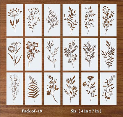Floral Stencil Set of 18, 4x7 Inch Reusable Mylar Stencils for Painting, Botanical Leaf & Flower Stencils for Walls, Fabric, Wood, Canvas, Furniture, DIY Crafts & Home Decor, White