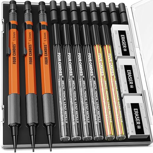 Four Candies 3PCS 1.3mm Metal Mechanical Pencil Set with Case (Orange) | 72 Refills (Red,Black,Yellow), 3 Erasers, 16 Eraser Refills, Weatherproof Body for Construction Outdoor Woodworking Marking - size: 3-Pack, style: Orange