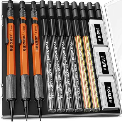 Four Candies 3PCS 1.3mm Metal Mechanical Pencil Set with Case (Orange) | 72 Refills (Red,Black,Yellow), 3 Erasers, 16 Eraser Refills, Weatherproof Body for Construction Outdoor Woodworking Marking - size: 3-Pack, style: Orange