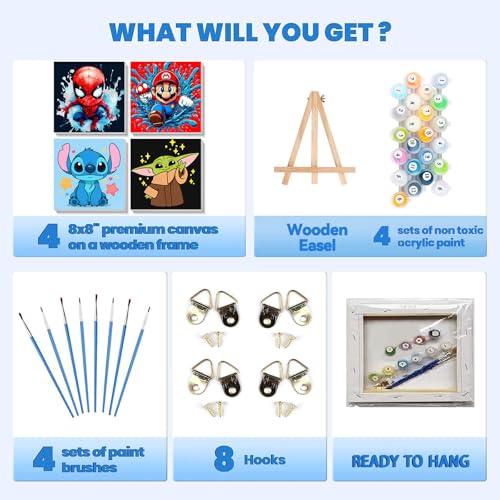 4 Pack Cartoon Paint by Numbers for Kids with Framed Canvas - Wooden Easel - color: BKH1254+BKH1255+BKH1256+BKH1257
