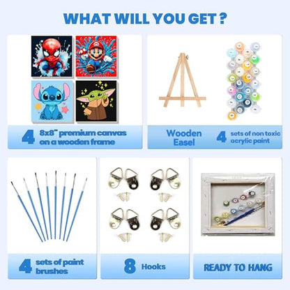 4 Pack Cartoon Paint by Numbers for Kids with Framed Canvas - Wooden Easel - color: BKH1254+BKH1255+BKH1256+BKH1257