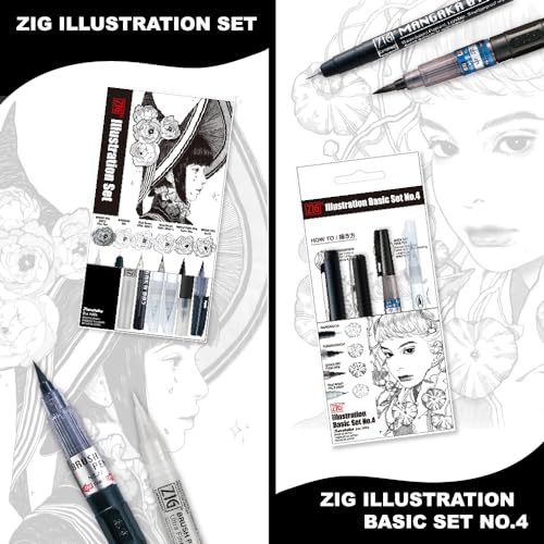 Kuretake Zig Inktober pen set, for Illustration, Manga Drawing, Lettering and Calligraphy, Professional Artist, Made in Japan (Basic No.4(4pcs.)) - style: Basic No.4(4pcs.)